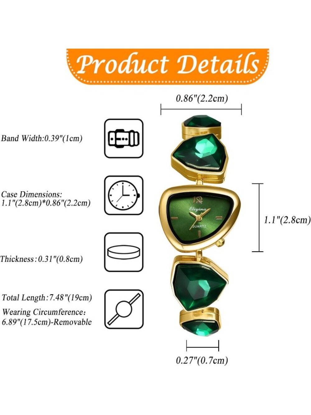 Women's Green Birthstone Bracelet Triangle Dial Quartz Diamonds Strap Watch - Picture 5 of 6